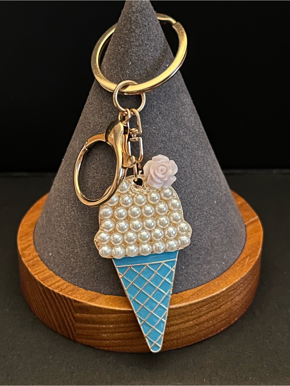 Unique & Cute Gold-Tone Assorted Color Ice Cream Pearl & Rose Bag Charm Keychain